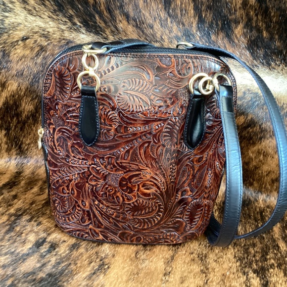 Vintage Cristian Genuine Leather Tooled Handbag Made In Italy - Picture 1 of 10
